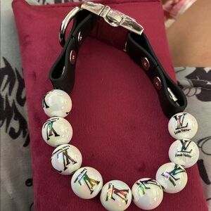 Louis Vuitton style White Beaded Logo dog collar